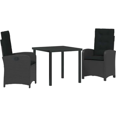 Image of vidaXL 3 Piece Garden Dining Set with Cushions Black Poly Rattan