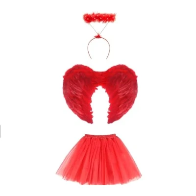 Image of Lizzy Angel Devil Fairy Feather Wings Halo Fancy Dress Costume Outfit Adult Hen Party (Full Set Red)
