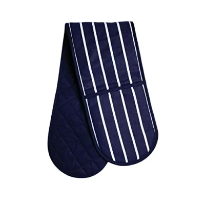 Image of Premier Housewares Navy Double Oven Glove Heat Resistant Pot Holder Gloves Odorless Mitt Cotton Blue and White Butcher Stripe