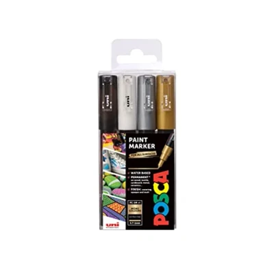 Image of POSCA PC 1M Permanent Marker Paint Pens. Extra Fine Tip for Art &amp; Crafts. Multi Surface Use On Wood Metal Paper Canvas Cardboard Glass Fabric Ceramic Rock Pebble Porcelain. Set of 4 Mono Colours