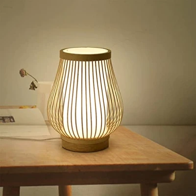 Image of GUANSHAN Bamboo Table Lamp Lantern Decorative Lighting Rustic Night Light Bedside Mood for Bedroom, Living Room