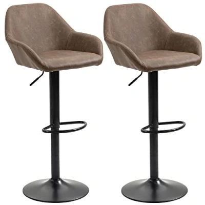 Image of HOMCOM Adjustable Bar Stools Set of 2, Swivel Barstools with Footrest and Backrest, PU Leather Steel Base, for Kitchen Counter Dining Room, Dark Brown