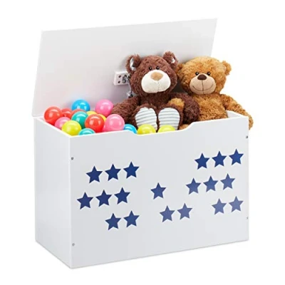 Image of Relaxdays Toy Chest with Lid, Storage for Children, Star Design, also as a Sitting Bench, HWD: 40x60x30 cm, White/Blue