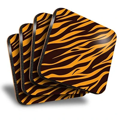 Image of Destination Vinyl ltd Great Coasters (Set of 4) Square Tiger Print Pattern Drink Glossy Coasters/Tabletop Protection for Any Table Type #15627