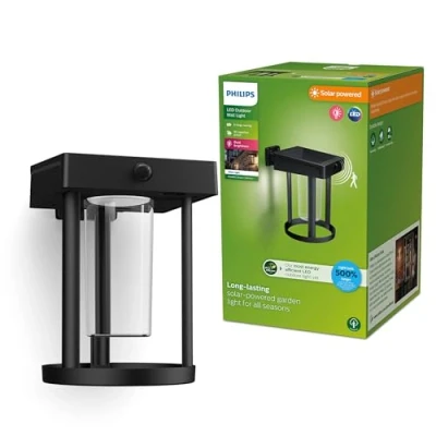 Image of PHILIPS Lighting Camill UltraEfficient Outdoor Solar Wall Light, Round, 1.4W, 3000K, Black, Clear, Motion Sensor, IP44 Weatherproof