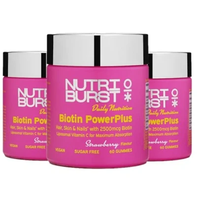 Image of Nutriburst Biotin Power Plus Multipack (2500mcg) + Liposomal Vitamin C for Healthy Hair &amp; Glowing Skin Strawberry Flavour 3 x 60 Gummies / Month Supply Suitable Vegans