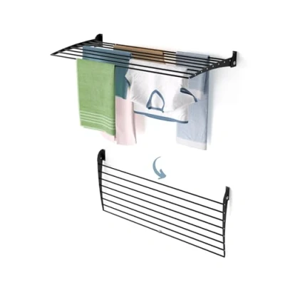 Image of Foxydry Fold, Wall Mounted Clothes Drying Rack, Foldable Aluminum Design Ideal for Indoor and Outdoor Use. Dimensions: 118x50x50 cm / 46.4x19.6x19.6 in