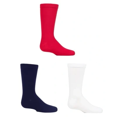Image of SockShop Boys and Girls 3 Pair Plain Bamboo Socks with Comfort Cuff Handlinked Toes Red/Navy/White 4 6 (13 14 Years)