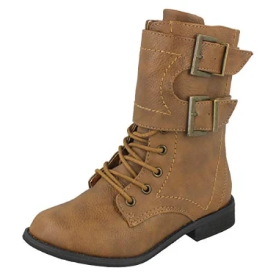 Image of Spot On Low Heel Lace Up Boot / 2 Buckle Straps (Tan, Size 13 Child UK)