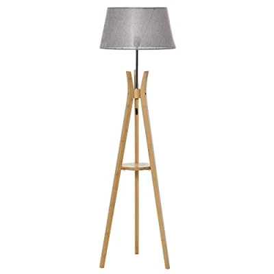 Image of HOMCOM Natural Wood Tripod Floor Lamp Light E27 Base Bedroom Living Room Fabric Shade Storage Shelf Foot Switch, 156cm, Grey