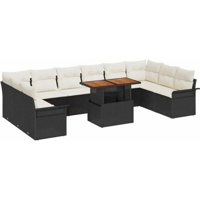 Image of vidaXL 11 Piece Garden Sofa Set with Cushions Black Poly Rattan