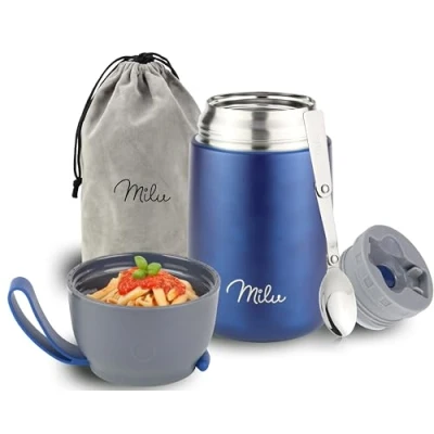 Image of Milu® Thermo Food Flask 300, 440, 450, 650, 800ml Stainless Steel Insulated Container Lunchbox Jar with Spoon for hot and Cold (Navyblue, 650ml)