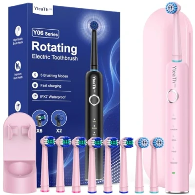 Image of Rotating Electric Toothbrush with 8 Brush Heads for Adults and Kids, 60 Day Battery Life, Wireless Wall Charging Station, 5 Modes Sonic Travel Case