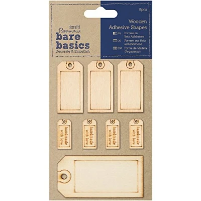 Image of Papermania 8 Piece Bare Basics Wooden Adhesive Tag Shapes, Beige