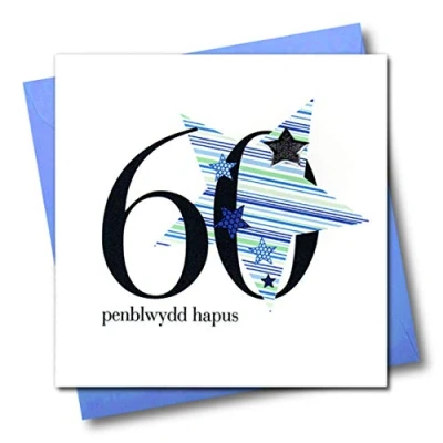 Image of Claire Giles Hearts and Stars Welsh Penblwydd Hapus Happy 60th Birthday Card Blue