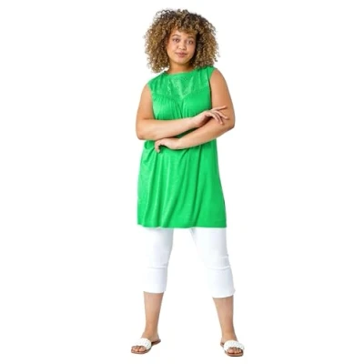 Image of Roman Curve Sleeveless Longline Broderie Top for Women UK Ladies Everyday Holiday Spring Summer Round Neckline Comfy Soft Evening Vacation Work Party Green Size 18