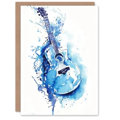 Image of Artery8 Greeting Card Abstract Music Guitar Blue Watercolour Splat Blank For Him Or Her Art Birthday