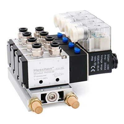 Image of Heschen Electrical Pneumatic 4 Solenoid Valve 4V210 08 DC 24V PT1/4 5 Way 2 Position Manifold Base Muffler Quick Fittings Set
