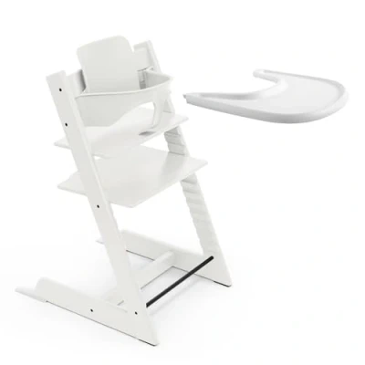 Image of Stokke Tripp Trapp High Chair (White) with Tray Includes Chair, Baby Set 2 for Children 6 36 Months and Adjustable, Ergonomic &amp; Easy to Clean