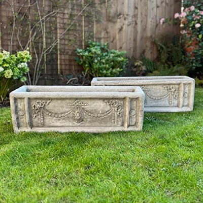 Image of SET OF 2 LARGE DECORATIVE STONE TROUGH OUTDOOR GARDEN PLANTER PLANT POTS WITH DRAINAGE HOLE