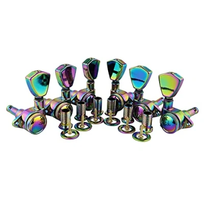 Image of Guyker Guitar Locking Tuners (3L + 3R) 1:21 Models Rear Lock String Tuning Key Pegs Machine Head with Trapezium Handle Replacement for Electric, Folk or Acoustic Guitars Chameleon Rainbow