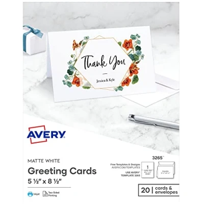 Image of Avery Greeting Cards, Inkjet Printers, 20 Cards &amp; Envelopes, 5.5 x 8.5, Folded (3265)