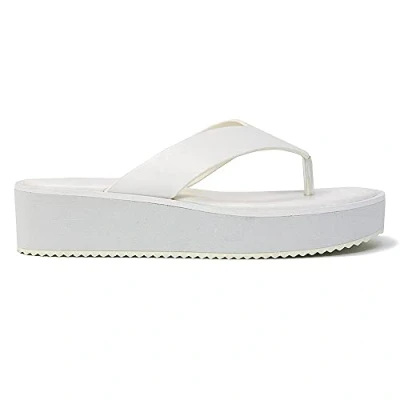 Image of Women Low Wedge Toe Post Sandals Flip Flops Platform Slip On Flatform Shoes White Synthetic Leather