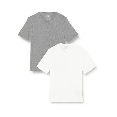 Image of Amazon Essentials Men&#039;s Regular Fit Short Sleeved V Neck T Shirt (Available in Big and Tall), Pack of 2, Grey Heather/White, S