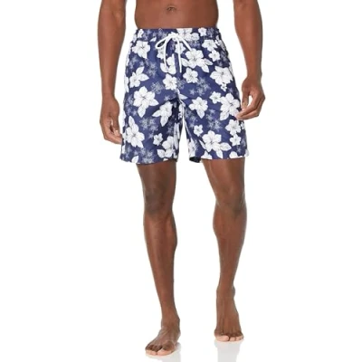 Image of Amazon Essentials Men&#039;s 9&quot; Quick Dry Swimming Trunks, Navy Hibiscus Flower, M