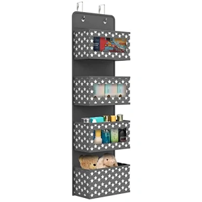 Image of Vinsani Over The Door Hanging Organiser Space Saving Storage Solution 4 Tier Caddy With Clear Window and Steel Hooks Hanger For Bathroom Nursery Bedroom Toys Unisex Dark Grey