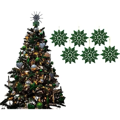 Image of UKDeals Direct® DARK GREEN COLLECTION CHRISTMAS DROPLET BAUBLES TREE DECORATIONS GLITTER MATT ICICLES (Pack of 6 Snowflake)