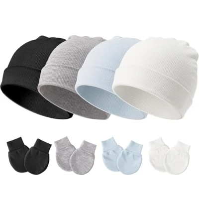 Image of DRESHOW Newborn Baby Hats and Mittens Set Nursery Hospital Caps Beanies Bonnets Infant Hat No Scratch Gloves for 0 6 Months Boys Girls