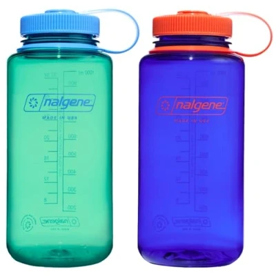 Image of Nalgene Sustain 50% Recycled Wide Mouth Twin Pack 1L Bottles (Spring Green &amp; Cerulean)