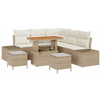 Image of vidaXL 8 Piece Garden Sofa Set with Cushions Beige Poly Rattan Acacia