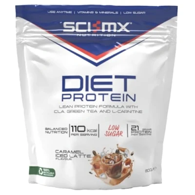 Image of SCI MX Diet Whey Protein Powder Shake + Vitamins &amp; Green Tea, CLA L Carnitine Caramel Iced Latte Low Sugar 21g 110 Calories per Serving 800g