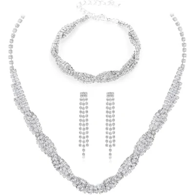 Image of FDEETY Jewelry Sets for Women Rhinestone Necklace Bracelet Dangle Earrings Bride Bridesmaid Crystal Cubic Zirconia Bridal Wedding (Silver 1)