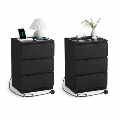 Image of VASAGLE Bedside Table with Charging Station, Set of 2, Side End Tables 3 Drawers, 2 AC Outlets, USB Ports, Bevelled Drawer Fronts, for Living Room, Bedroom, Study, Modern, Ebony Black LET831B57