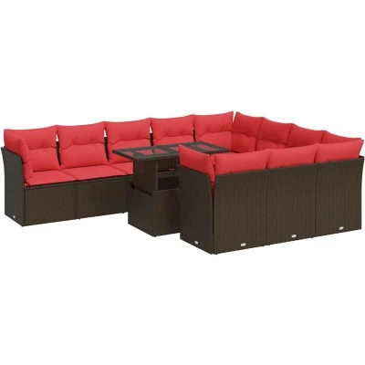 Image of vidaXL 11 Piece Garden Sofa Set with Cushions Brown Poly Rattan Acacia