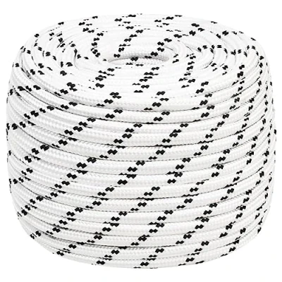 Image of vidaXL Braided Boat Rope for Marine &amp; General Use, White, 14 mmx25 m, UV Resistant Abrasion Polyester Material, Good Tent Guy Lines, Not Climbing or Swinging.