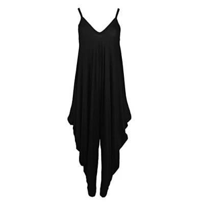 Image of GOSTYLES® Womens Italian Spaghetti Strap Drape Harem Jumpsuit, Ladies V Neck Sleeveless Lagenlook Cami Strappy Baggy Romper All in One Playsuit (Black, 3XL)