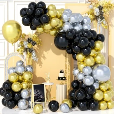 Image of Teselife 126Pcs Black Gold Silver Balloon Arch Kit, Metallic Chrome Party Balloons Garland Kit for Birthday Baby Shower Wedding Anniversary Carnival Decorations Supplies