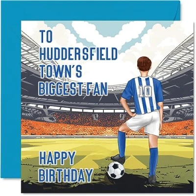 Image of Football Birthday Card for Huddersfield Fans Biggest Fan Fun Happy Son Dad Brother Uncle Colleague Friend Cousin, 145mm Footy Footie Bday Greeting Cards
