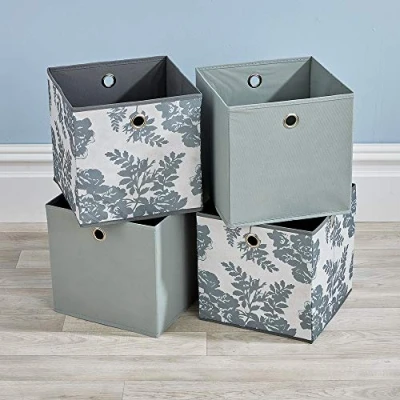 Image of Home Source Cube Storage Boxes, Collapsible Fabric Baskets, Foldable Canvas Organising 4 Piece, Grey