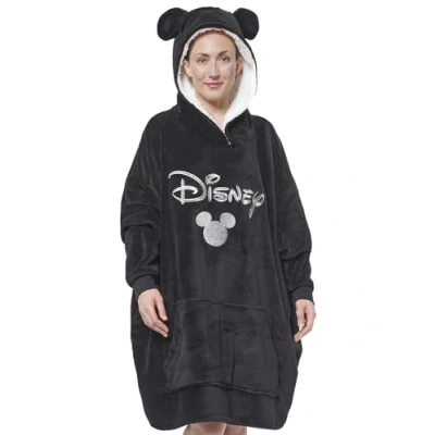 Image of Disney Mickey Mouse Oversize Cosy Hoodie with Ears for Women Oversized Cuddly Jumper Fluffy Blanket black, One Size