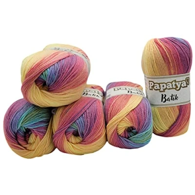Image of 5 x 100 g Papatya Batik Knitting Yarn Multicoloured with Colour Gradient 500 Colourful (Purple Blue Yellow ua 554 11)