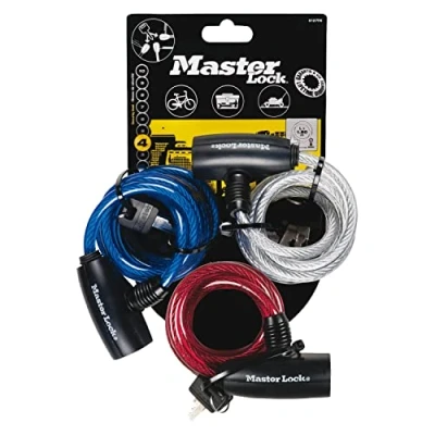 Image of MASTER Lock Bike Cable [Key] [1.8 m Coiling Cable] [Outdoor] [Set of 3] [Blue, Red and Transparent] 8127EURTRI Ideal for Bike, Skateboards, Strollers, Lawnmowers other Outdoor Equipment