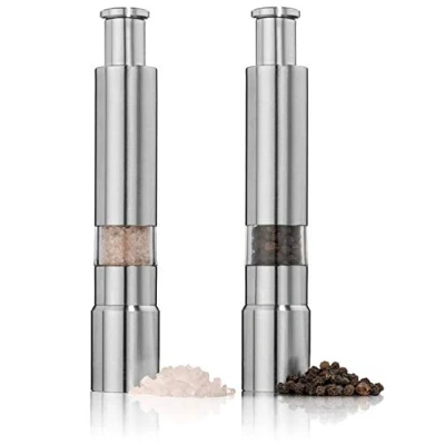 Image of Salt and Pepper Grinder Set of 2,Stainless Steel Push Button Modern Design Thumb Grinder, for Black Pepper, Sea Himalayan Salt, Spice