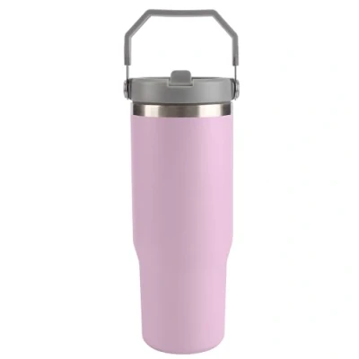 Image of BELLE VOUS Stainless Steel Tumbler with Straw Lid and Handle 880ml/30oz Double Walled Insulated Thermal Mug Travel Coffee Cup for Hot Cold Drinks Portable Vacuum Water Bottle Purple