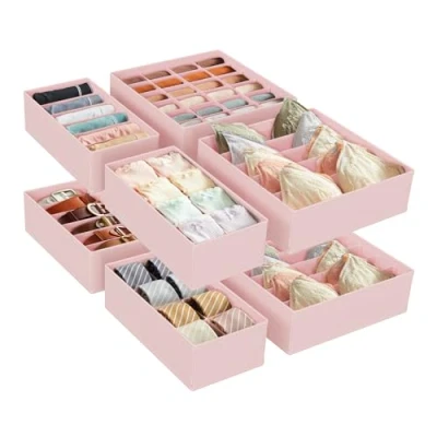 Image of SONGMICS Set of 8 Underwear Drawer Organisers, Dividers, Foldable, for Bras Undies Socks Ties, Fabric Storage Boxes Closet Wardrobe Shelves, Jelly Pink RUS008P01