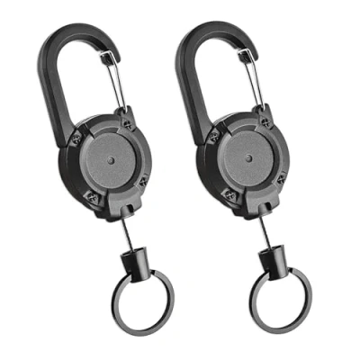 Image of CRAZY SHARK Retractable Keychain, 2 Pack Heavy Duty Keyring Extendable Badge Reels Key Lanyard Belt Clip Holder Pull Reel Black